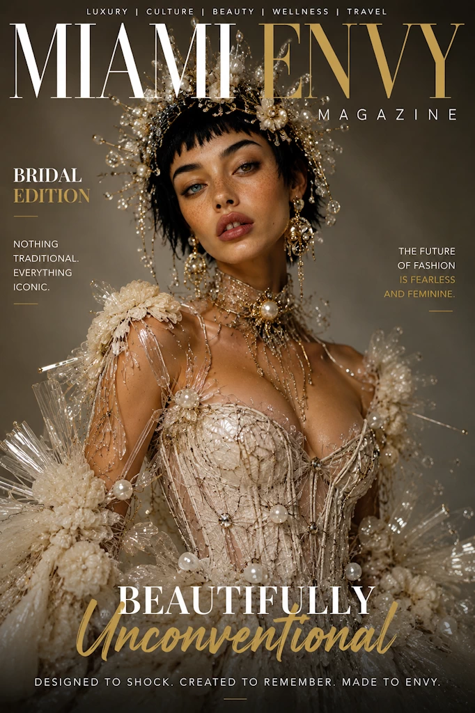 Luxury avant-garde bridal gown with pearls and quartz