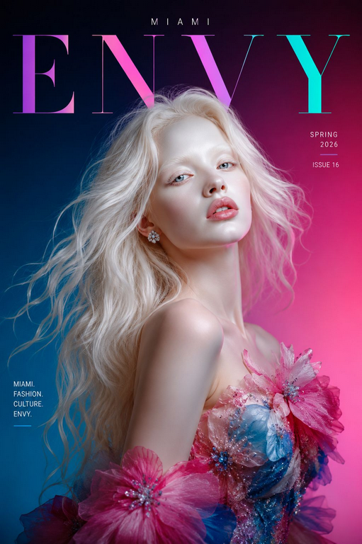 Avant-garde Miami Envy Magazine cover featuring unconventional beauty