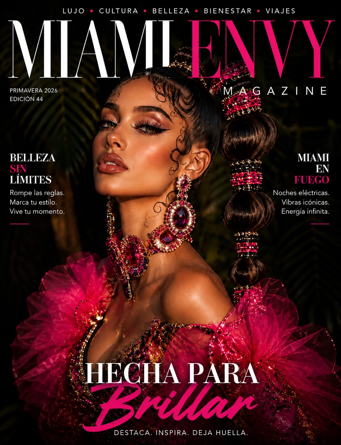 Editorial de moda avant-garde con belleza poco convencional y estilo couture de lujo para Miami Envy Magazine