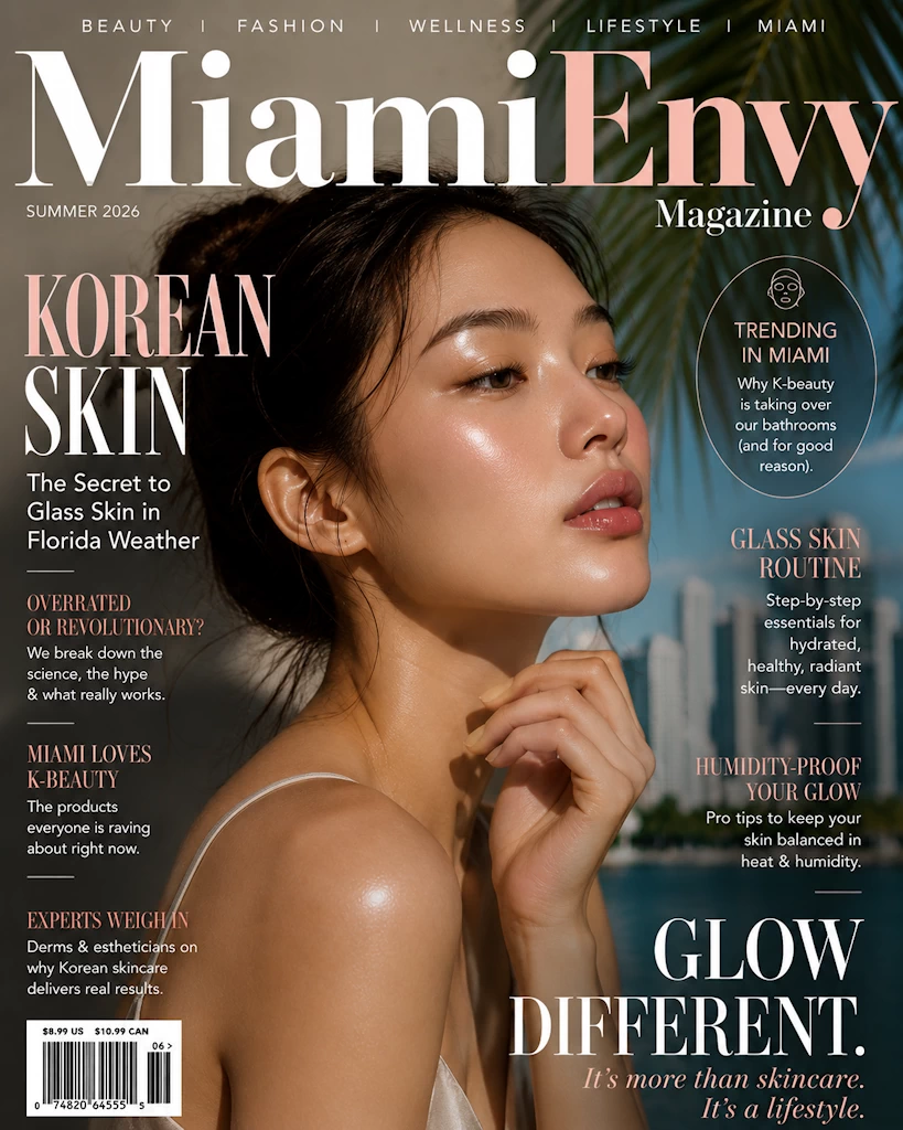 Glass skin beauty magazine cover for Miami Envy