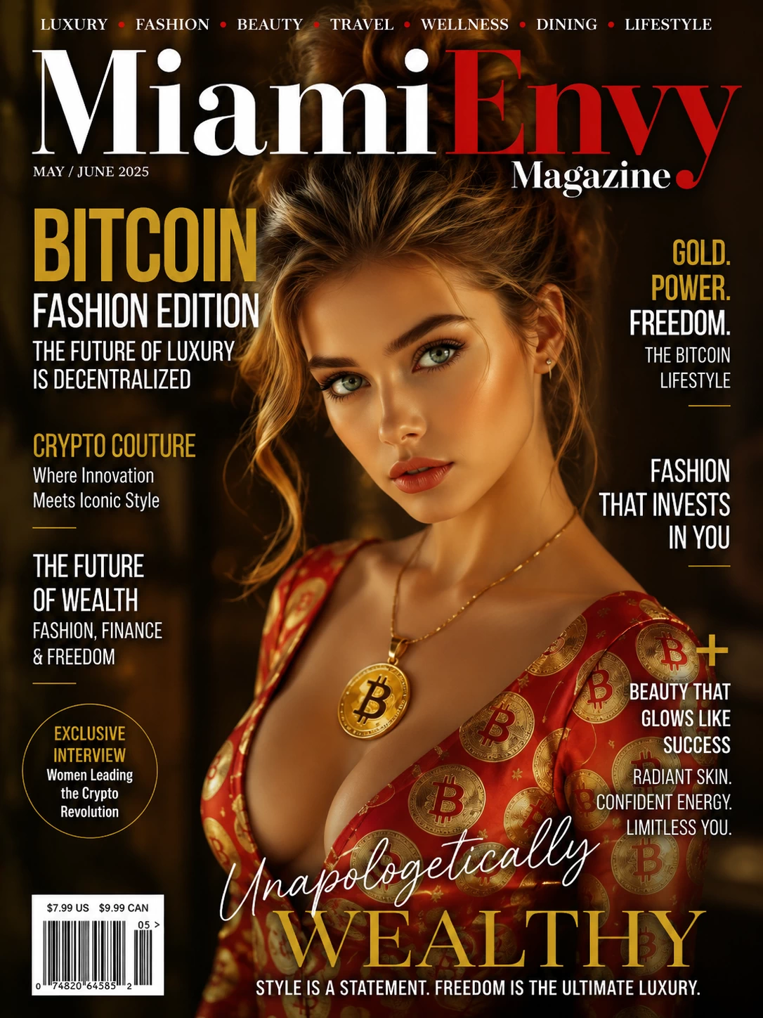 Red Bitcoin fashion couture dress Miami Envy Magazine