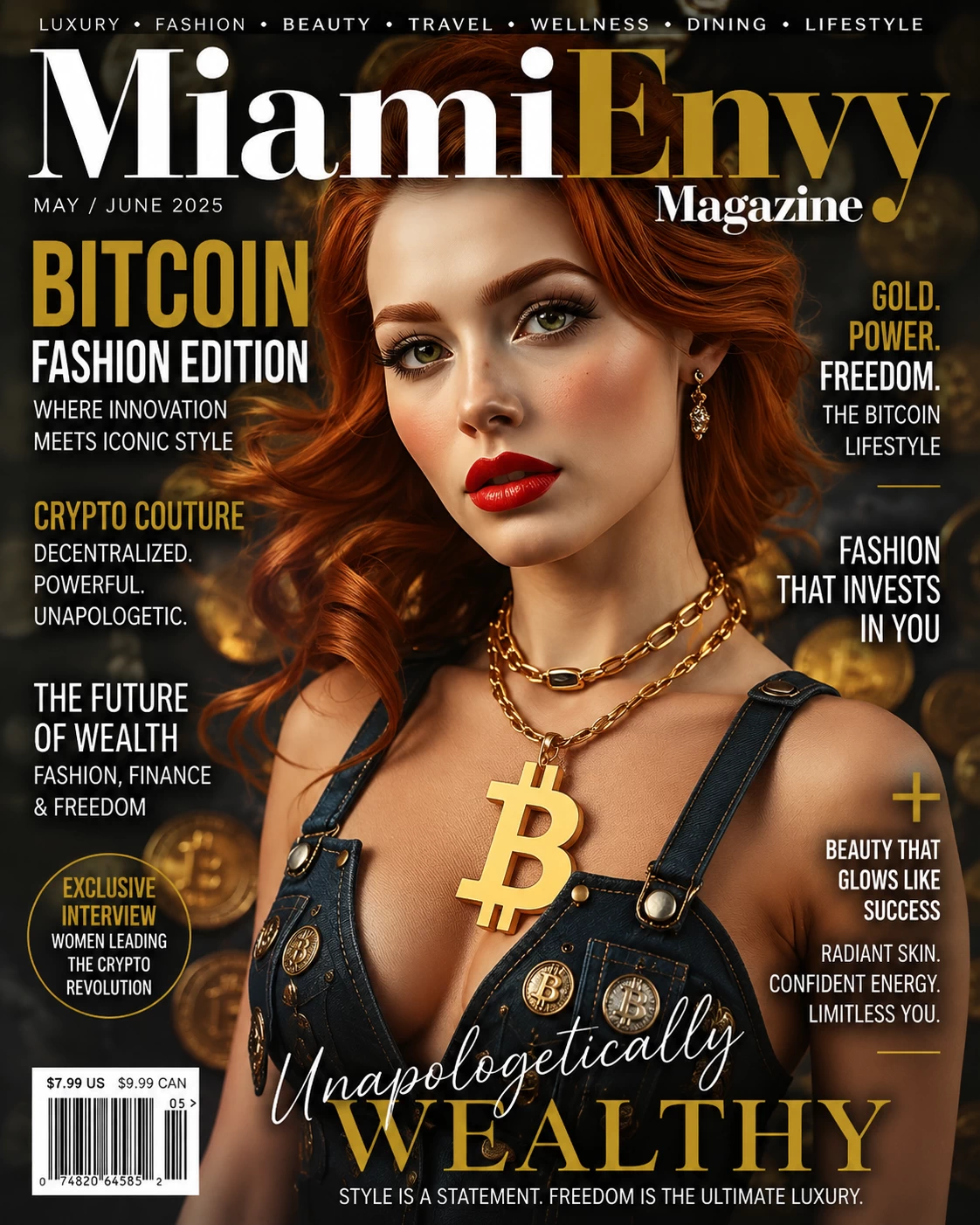 Bitcoin denim jumper couture fashion Miami Envy Magazine