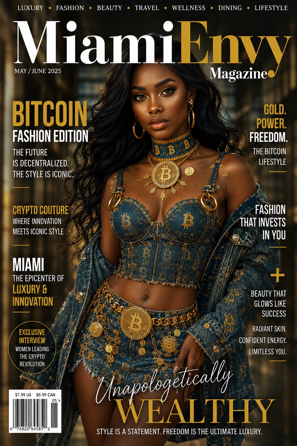 Bitcoin fashion denim top and skirt couture look Miami Envy Magazine