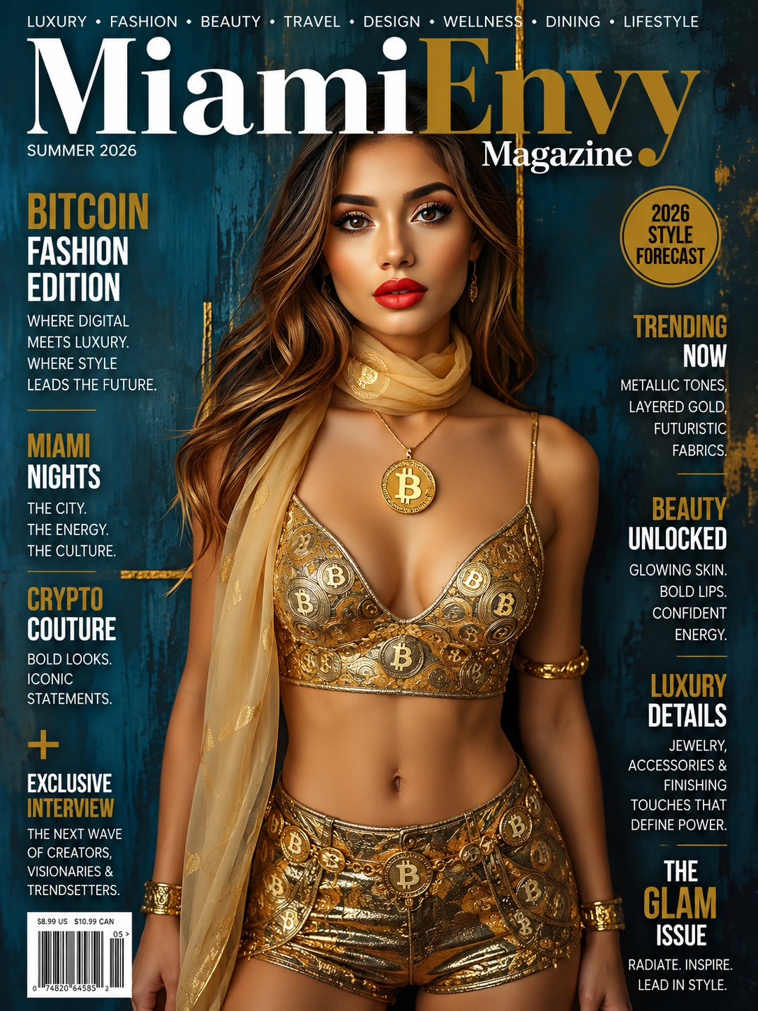Gold Bitcoin top and bottom couture fashion Miami Envy Magazine