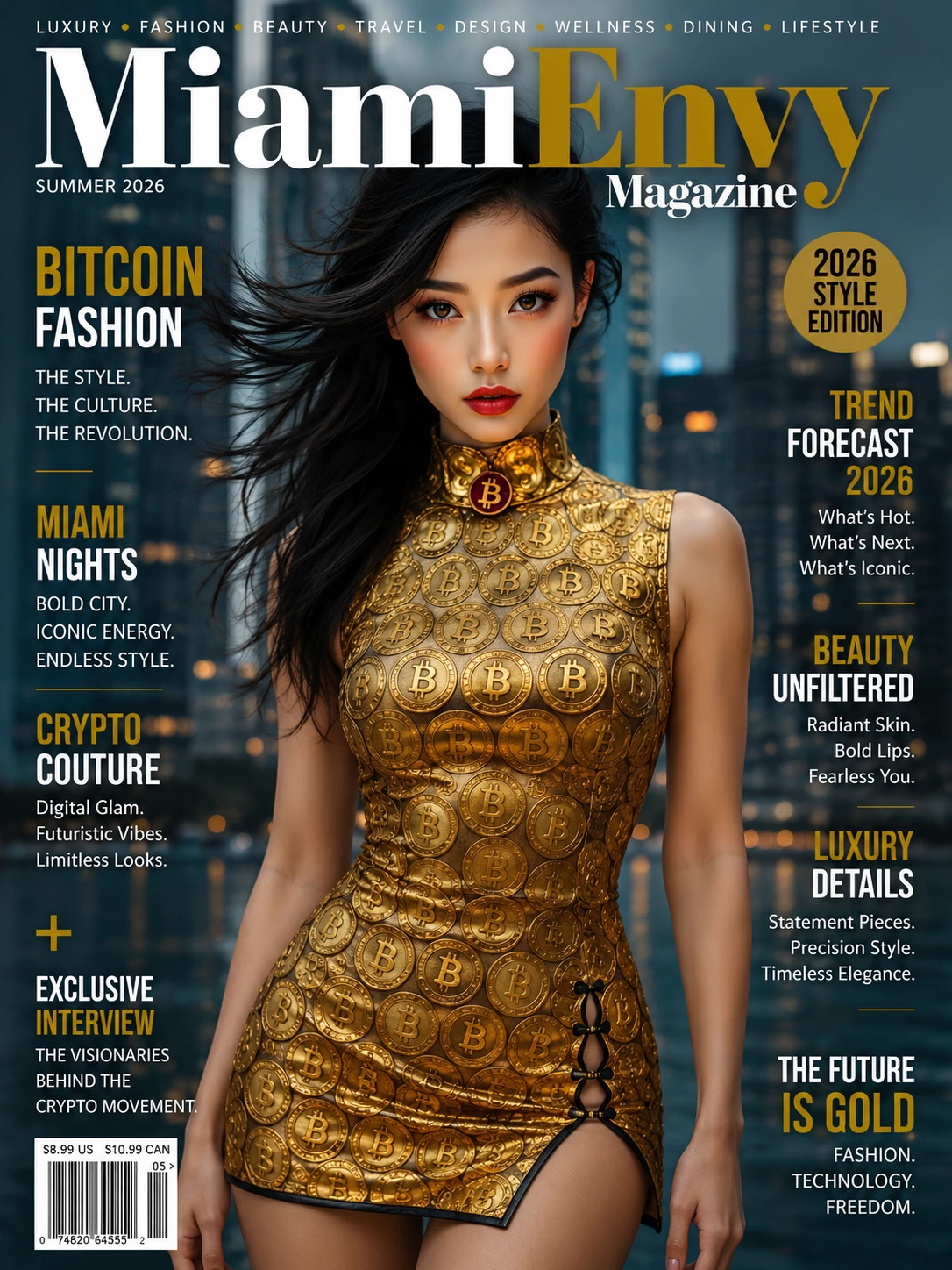 Gold Bitcoin dress couture fashion Miami Envy Magazine