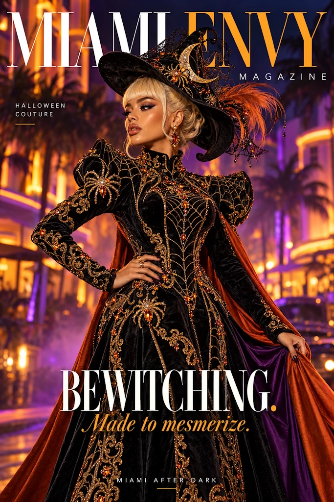Miami Envy Halloween couture cover featuring a glamorous witch costume with gold spiderweb embroidery and an elaborate hat